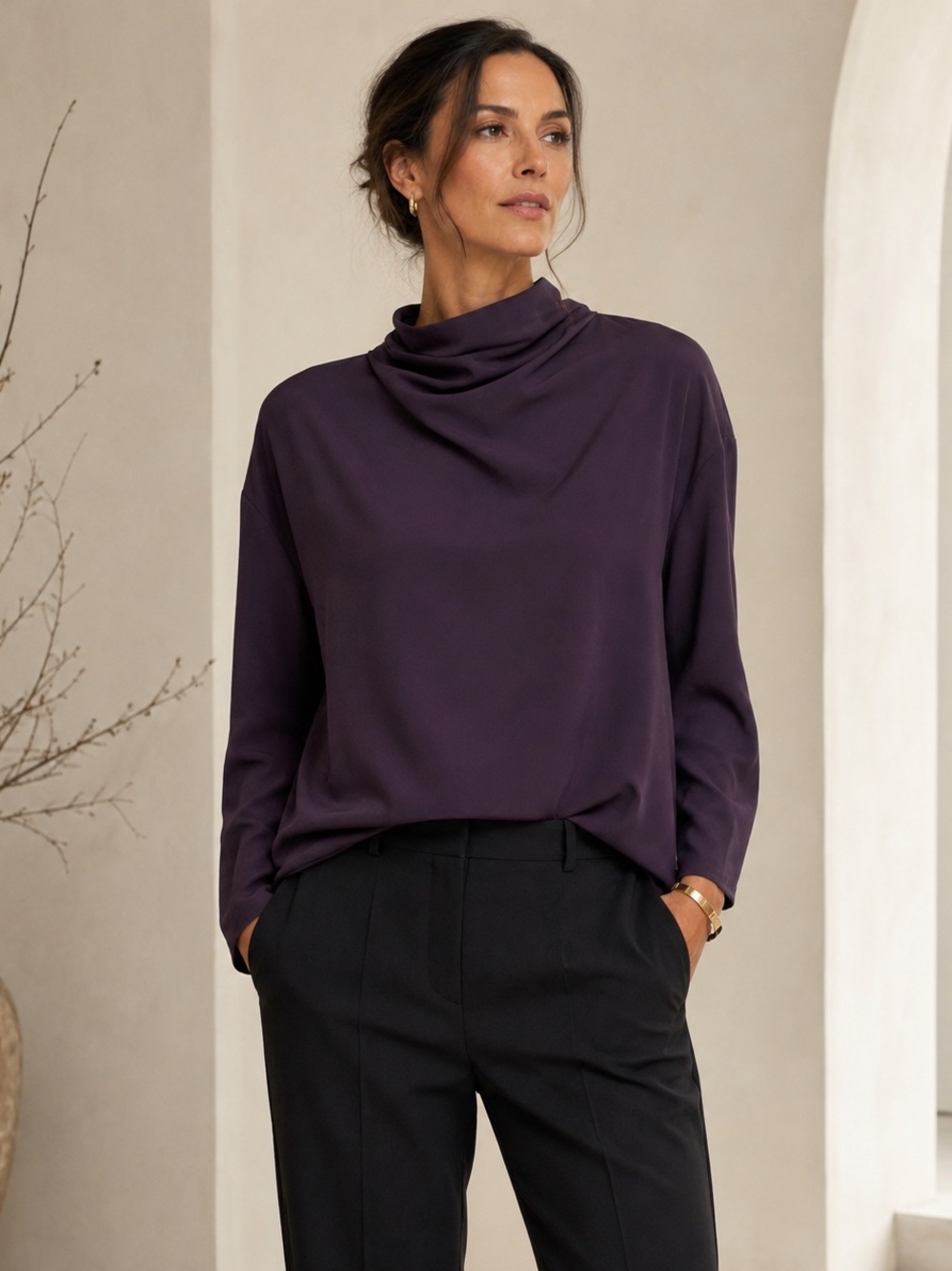 Draped Neck Quiet Luxury Blouse Plum Long Sleeve Top